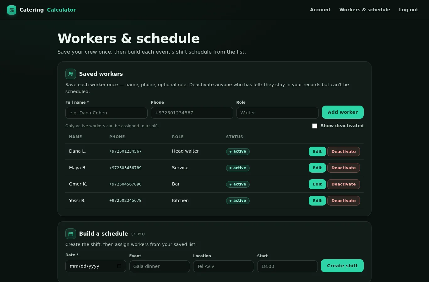 Workers directory and schedule builder in the online account